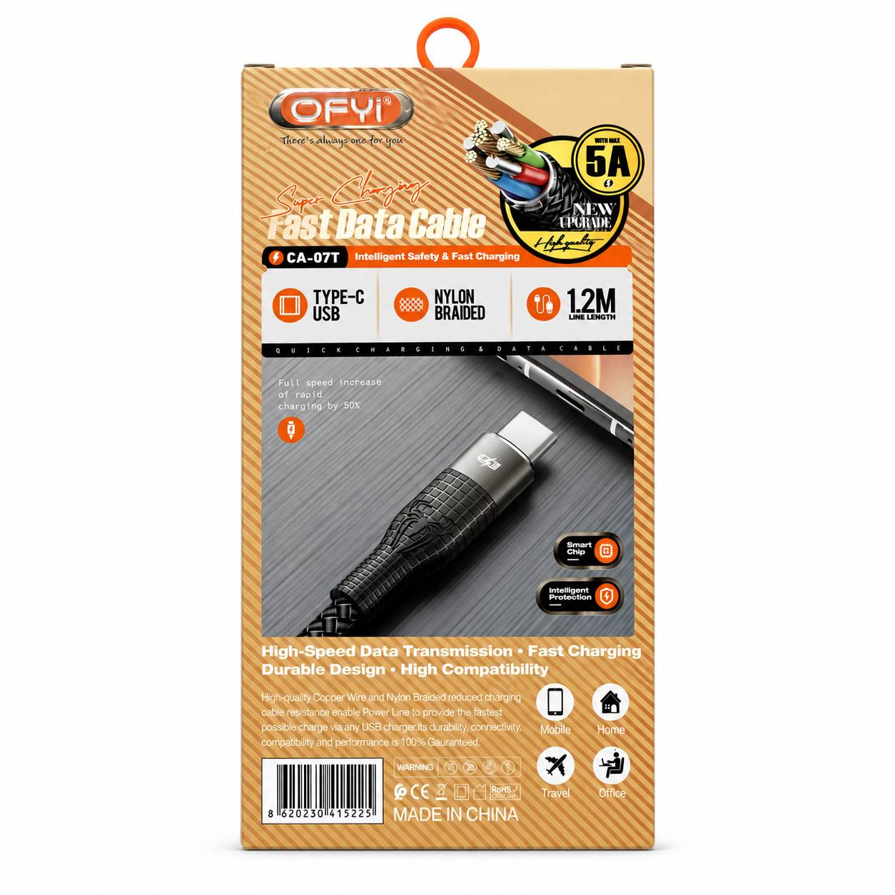 کابل شارژ OFY 5A USB-C با روکش بافته شده 1.2 متری